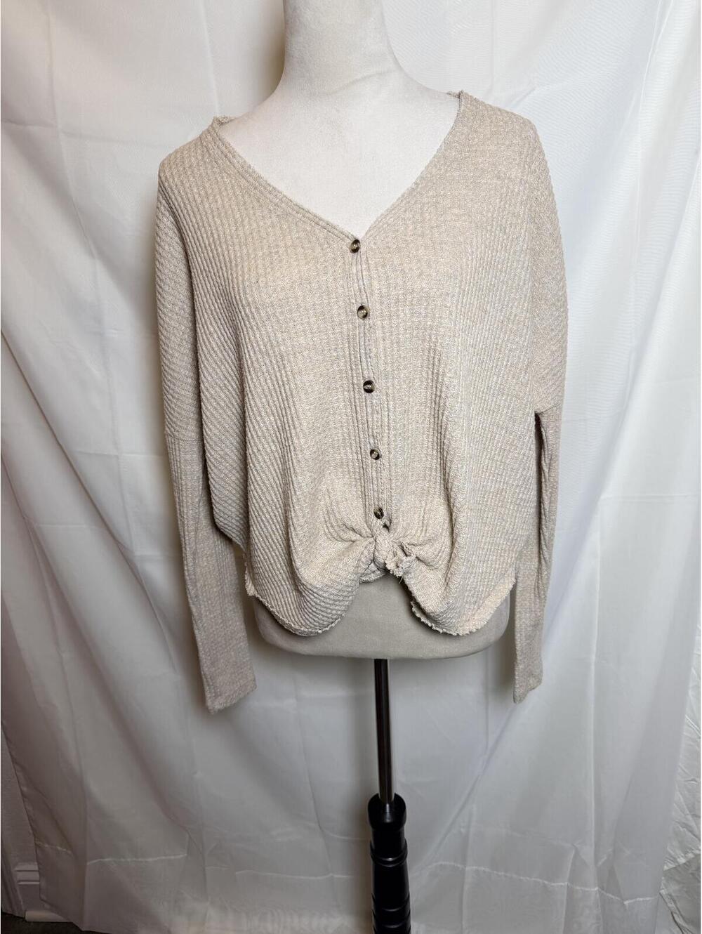 Out From Under Urban Outfitters Women's Oatmeal Waffle Knit Button-Front Tie Hem